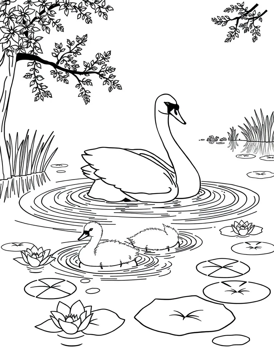 A swan family gliding across a lake, with cygnets following closely and lily pads decorating the water