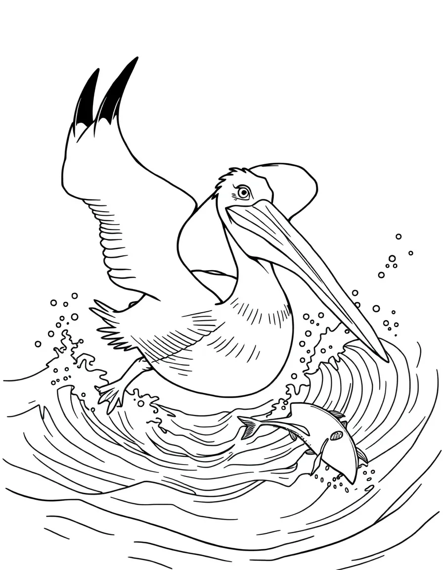 A pelican diving for fish, with its large beak and pouch clearly shown and ocean waves splashing around