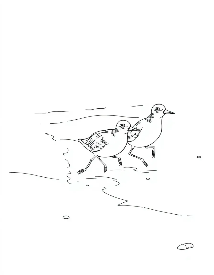 A group of sandpipers running along a beach, with waves washing up and their quick movements captured