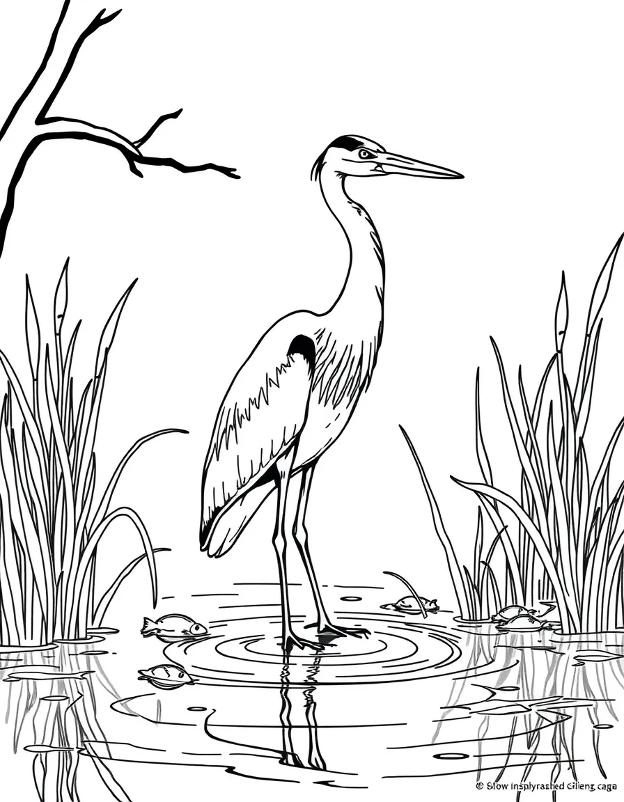 A great blue heron standing motionless in shallow water, waiting patiently to catch fish with reeds around