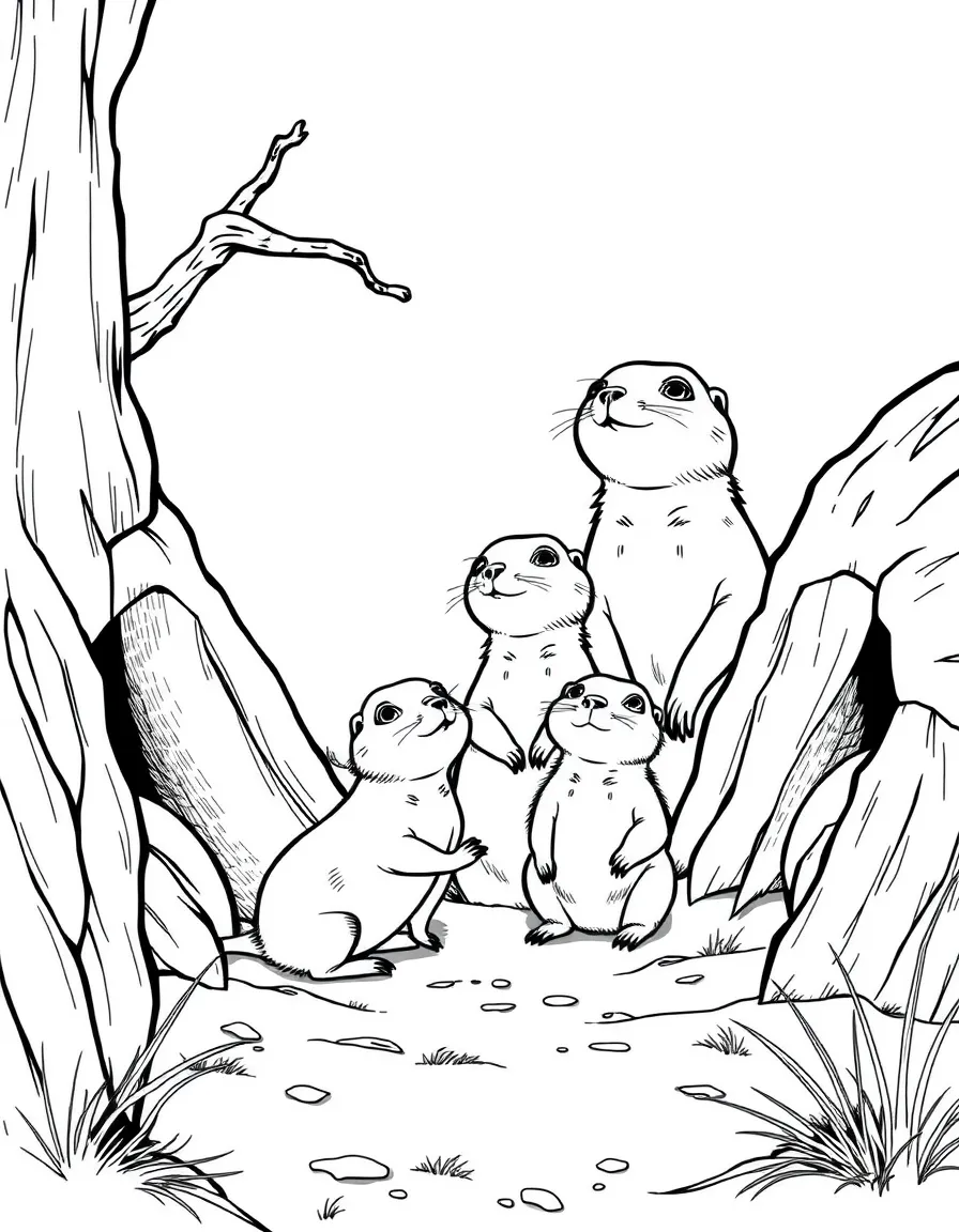 A family of prairie dogs popping up from their burrows, with some standing guard while others play