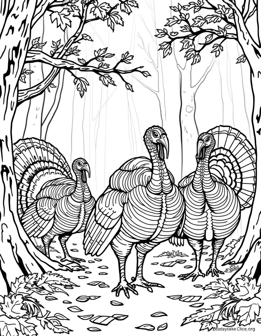 A group of wild turkeys strutting through autumn woods, with fallen leaves and the male's display feathers