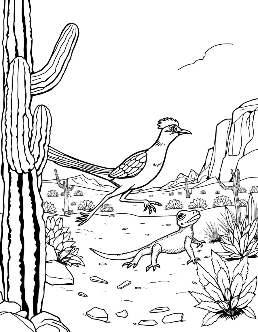 A roadrunner chasing a lizard across desert terrain, with cacti and rock formations in the Southwest landscape