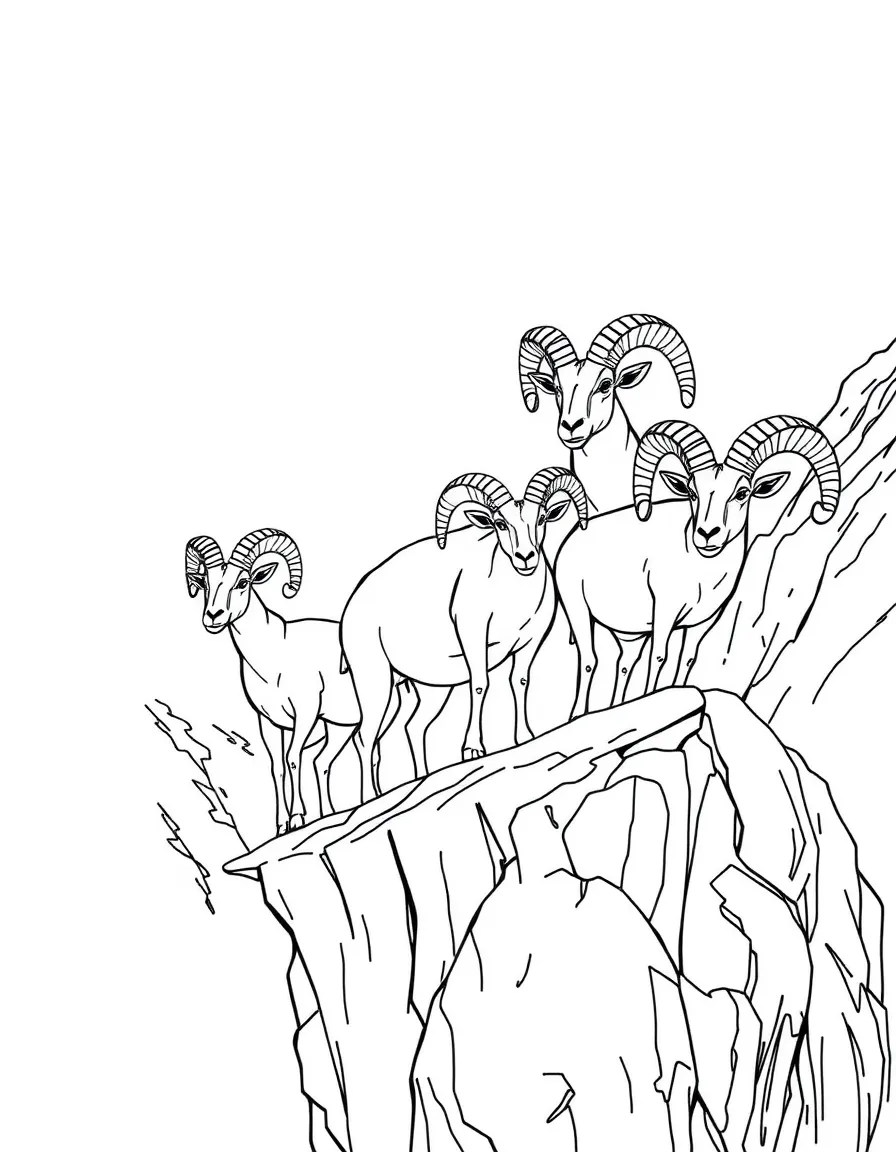A family of bighorn sheep on a mountain ledge, showing their impressive curved horns and sure footing