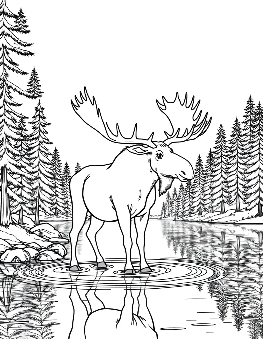 A moose standing in a lake, with its massive antlers and long legs, surrounded by northern forest scenery