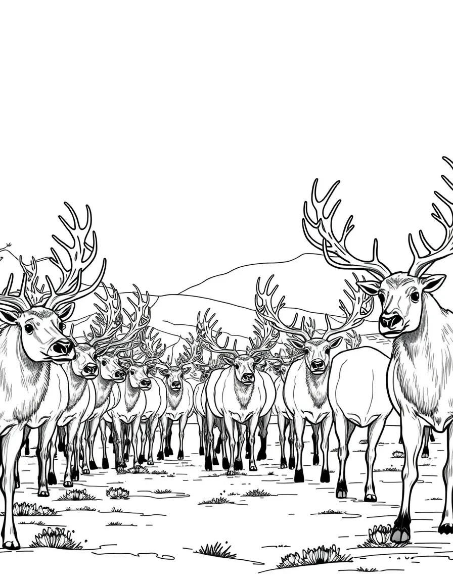 A caribou herd migrating across tundra, with their antlers creating a forest of bone against Arctic sky