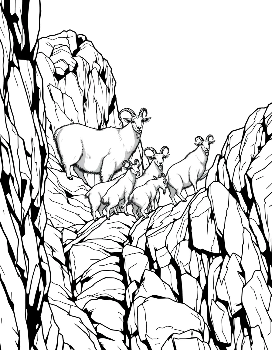 A mountain goat family on steep rocky cliffs, with their white coats and incredible climbing abilities shown