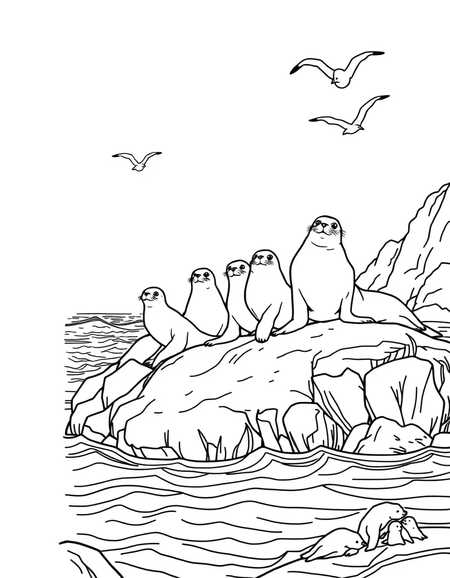 A family of seals sunbathing on rocky coastline, with ocean waves and seabirds creating a marine scene