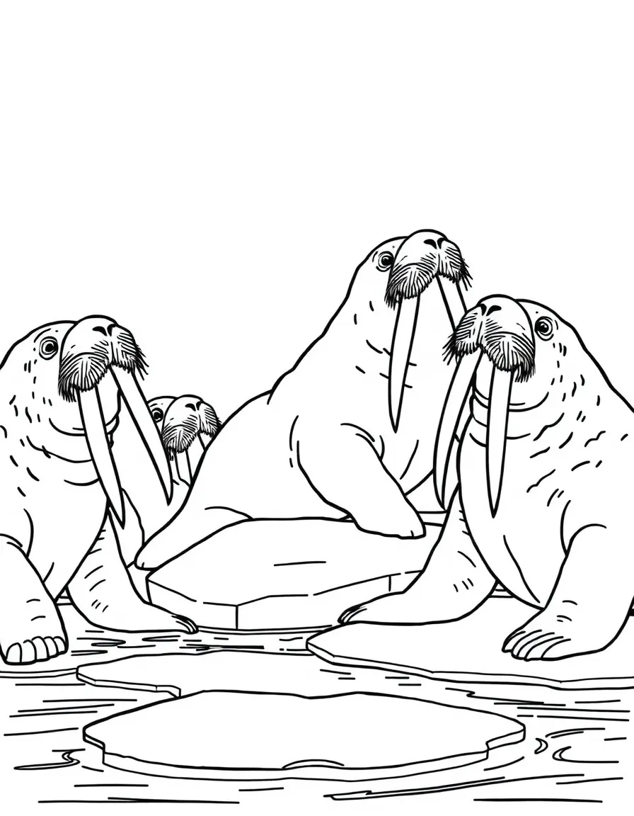 A group of walruses on an ice floe, with their distinctive tusks and massive bodies in Arctic waters