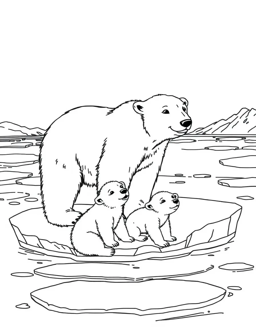 A polar bear family on pack ice, with cubs learning to hunt while their mother teaches survival skills