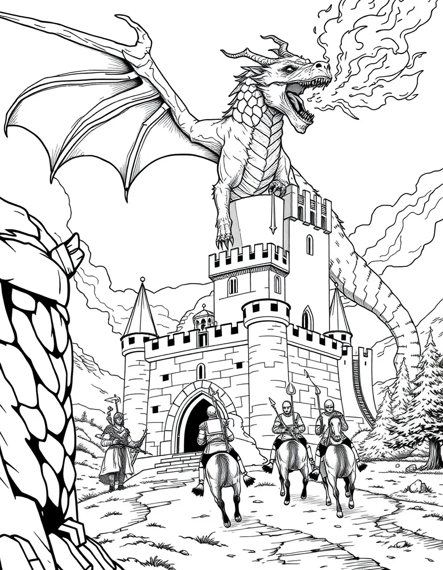 A majestic dragon breathing fire while perched atop a medieval castle, with knights approaching on horseback below
