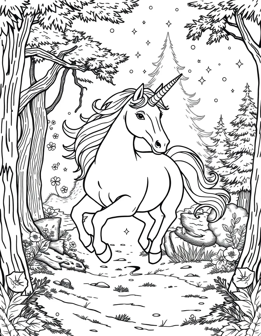 A beautiful unicorn galloping through an enchanted forest, with its horn glowing and magical sparkles trailing behind