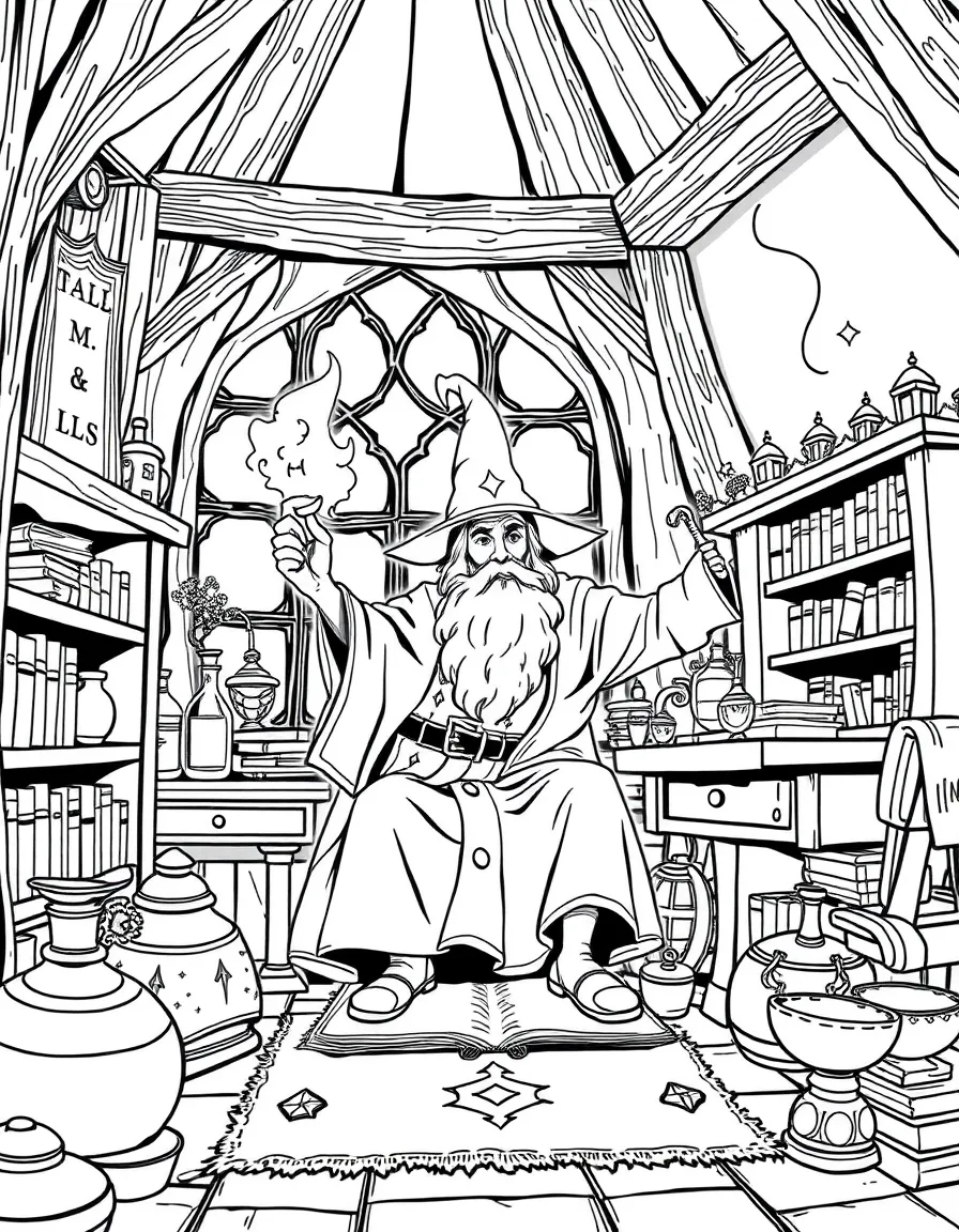 A wise wizard casting spells in his tower study, surrounded by spell books, potions, and magical artifacts