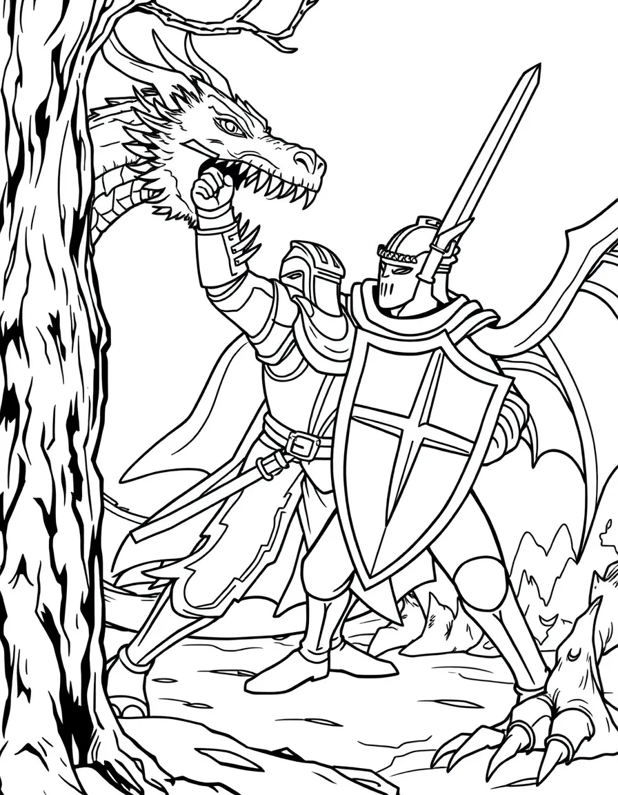 A brave knight in shining armor battling a fierce dragon, with his sword raised and shield protecting him