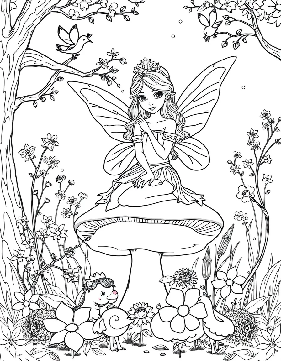 A fairy princess with delicate wings sitting on a mushroom, surrounded by flowers and woodland creatures