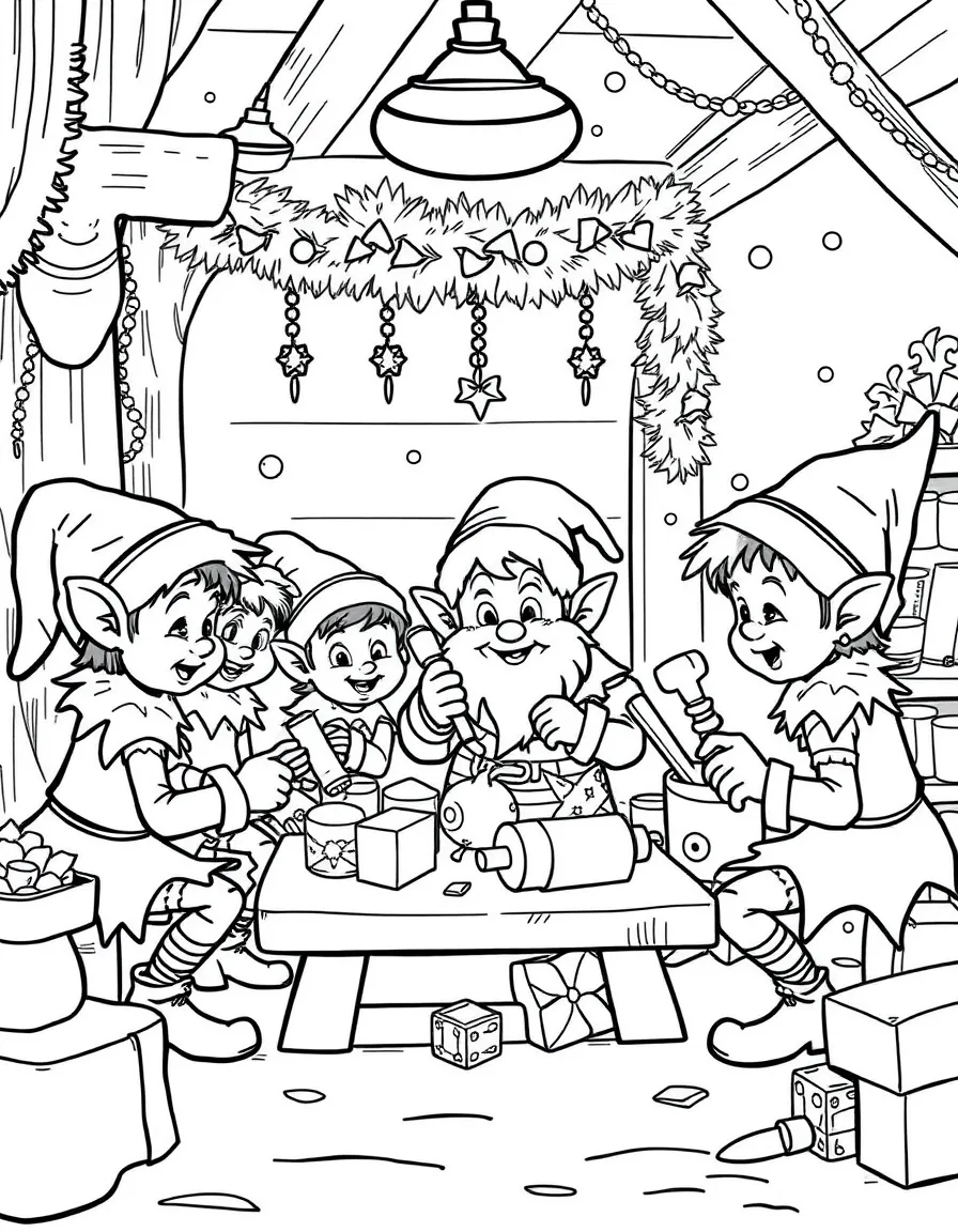 A group of playful elves working in Santa's workshop, crafting toys with hammers, paint, and Christmas magic