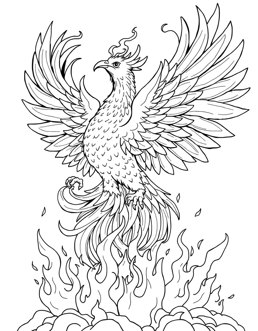 A powerful phoenix rising from flames, with its magnificent feathers spread wide and fire swirling around