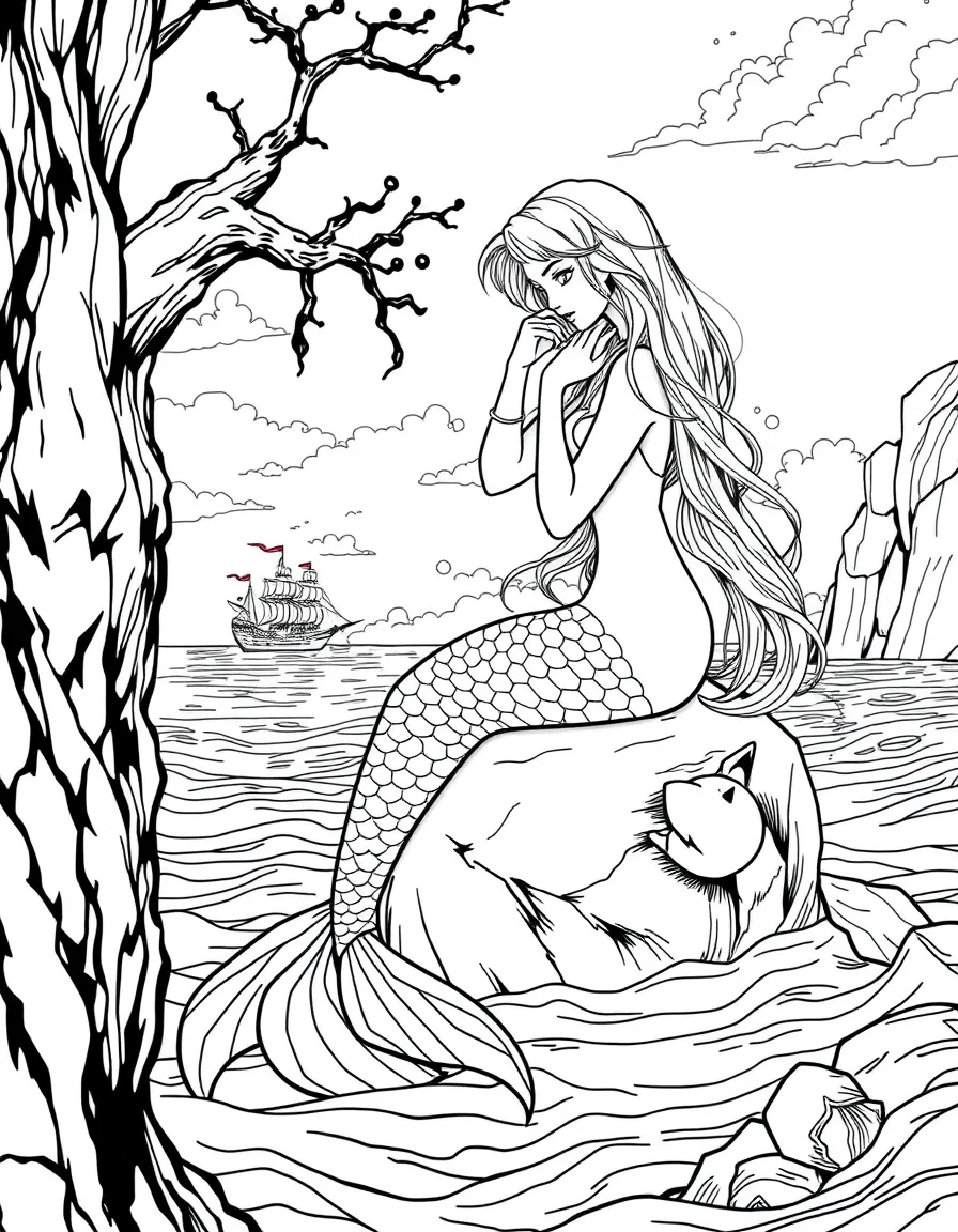 A mysterious mermaid sitting on a rock in the ocean, combing her long hair with ships visible in the distance