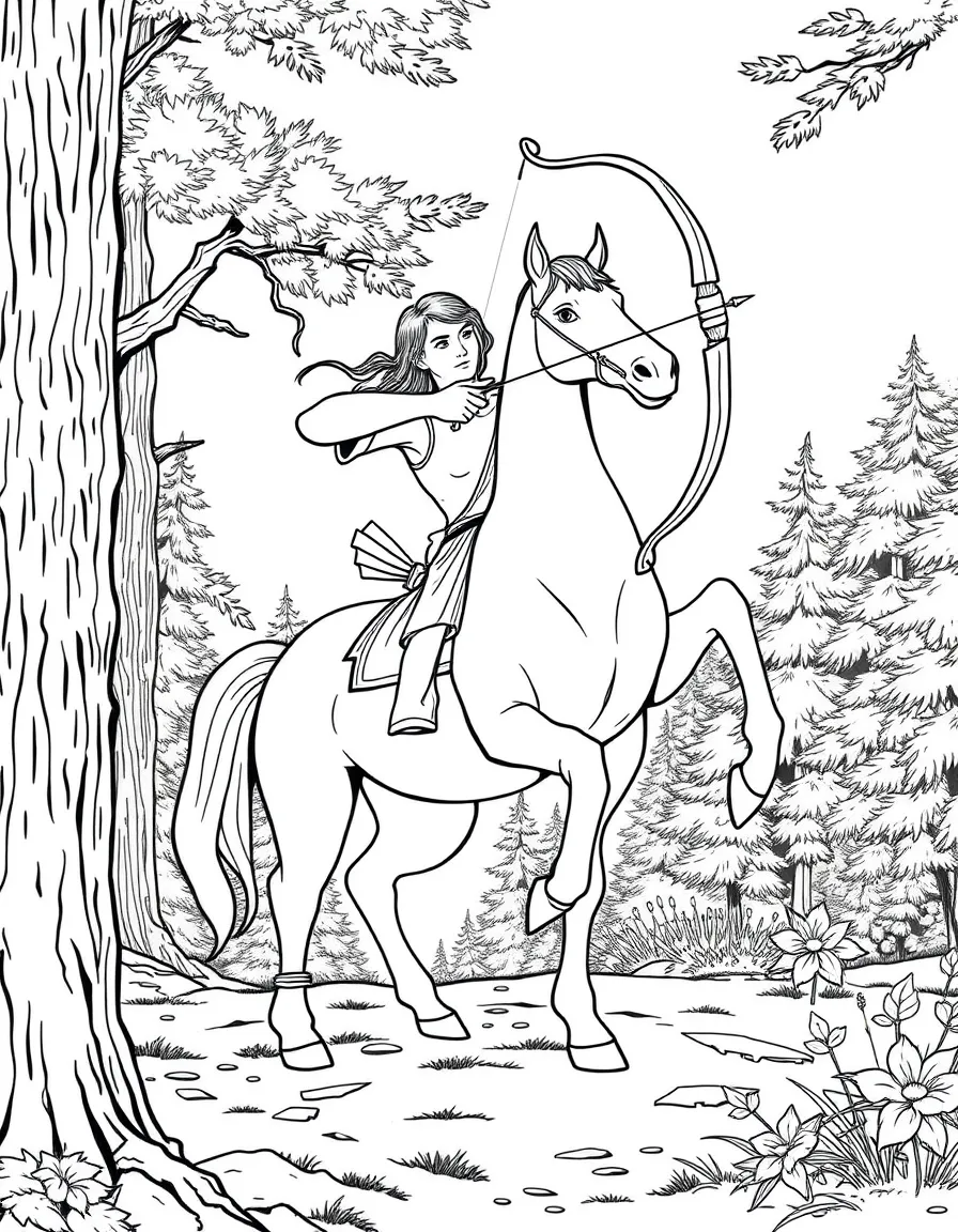 A centaur archer drawing his bow in a forest clearing, with his horse body and human torso clearly detailed