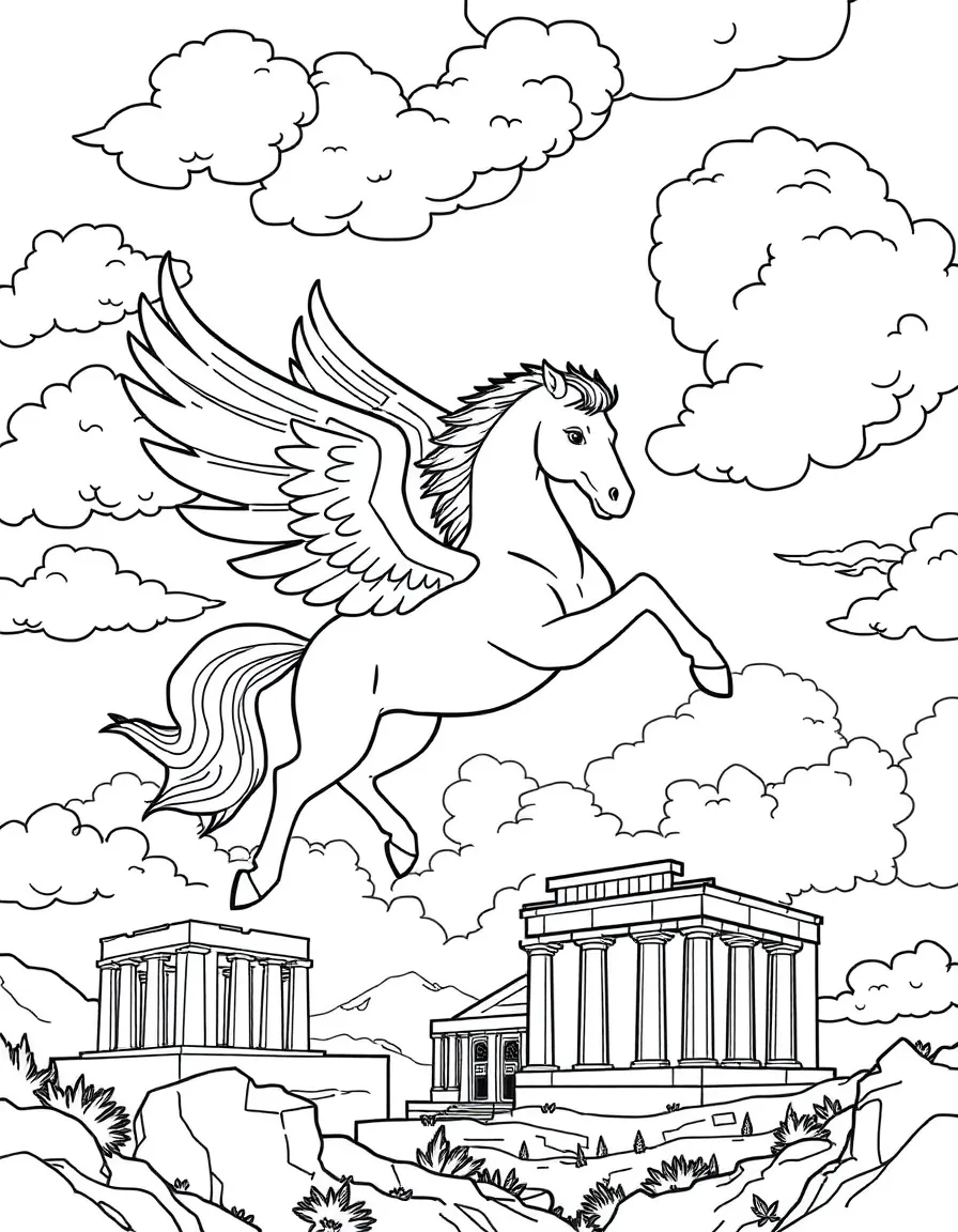 A pegasus flying through cloudy skies, with its white wings spread wide and ancient Greek temples below