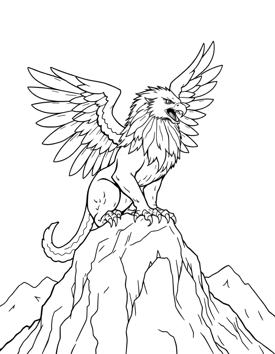 A griffin perched on a mountain peak, showing its eagle head and wings with lion body and powerful claws