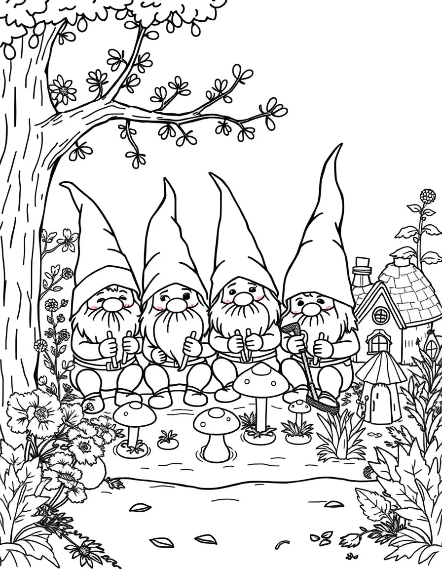 A group of friendly gnomes tending their garden, with tiny houses, mushrooms, and miniature vegetables
