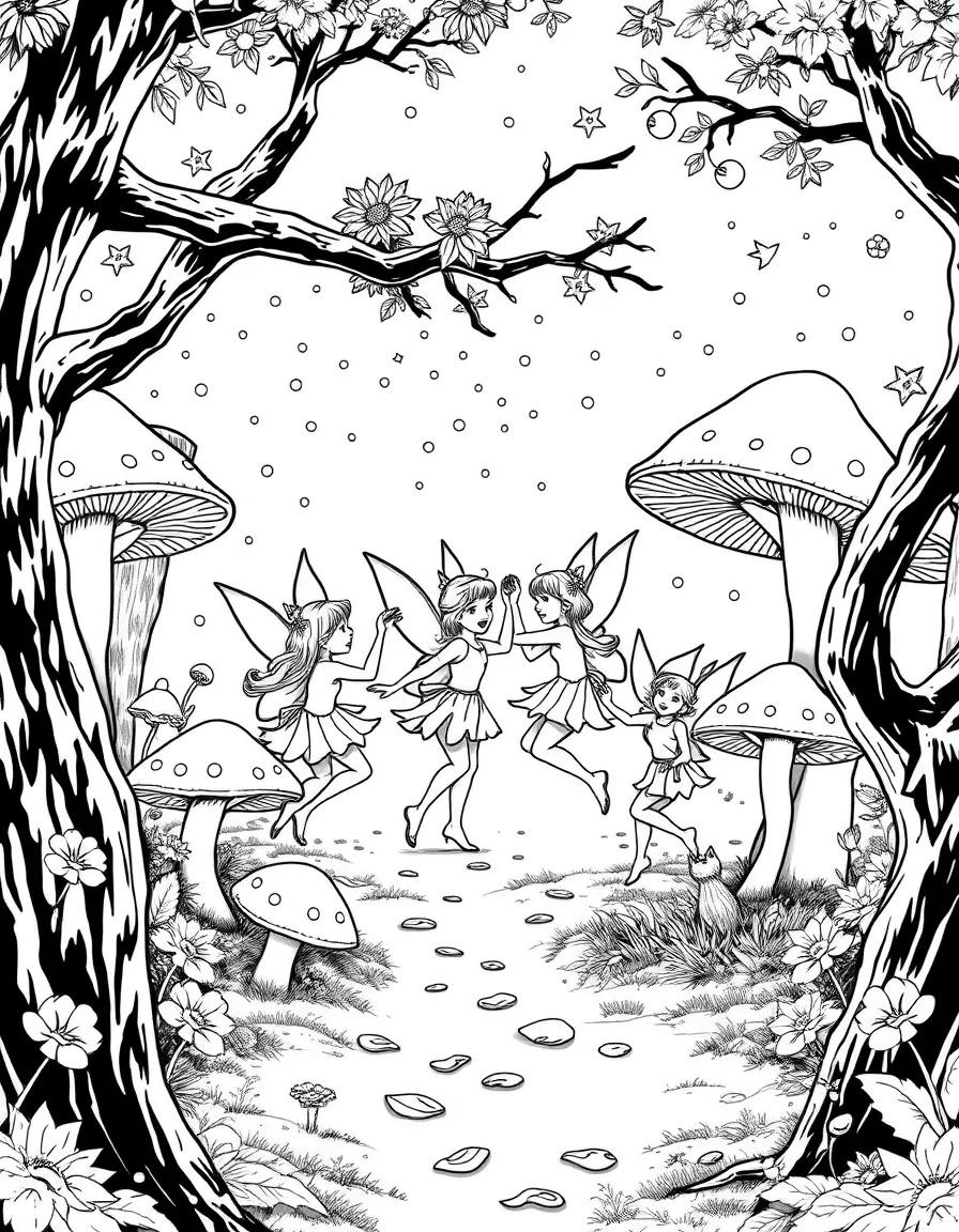 A group of pixies dancing in a fairy ring of mushrooms, with glowing dust and magical forest light