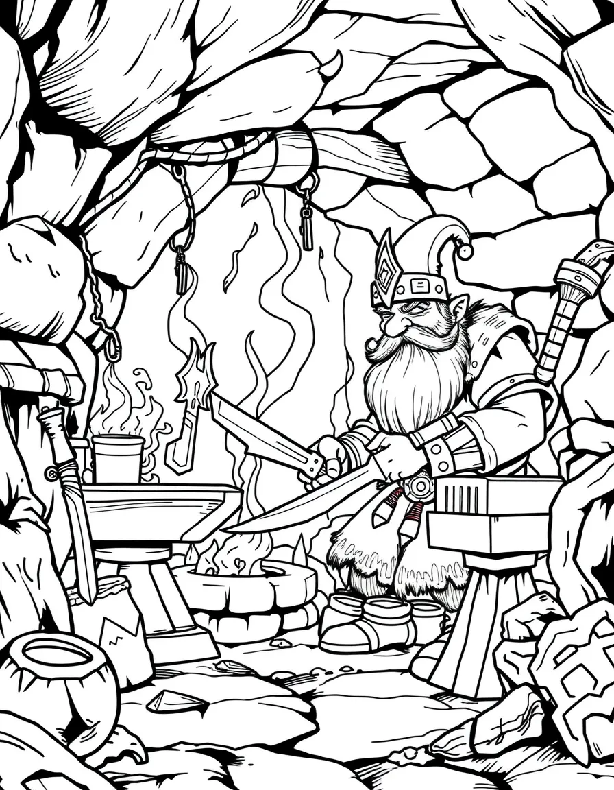 A dwarf blacksmith forging magical weapons in his underground workshop, with anvils, fires, and precious metals