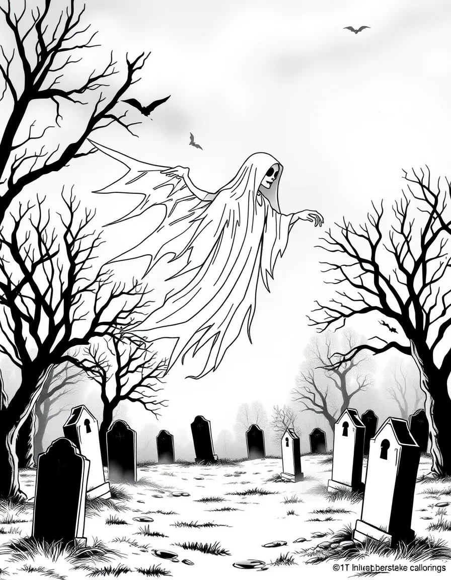 A banshee floating through a misty graveyard at midnight, with tombstones and bare trees creating spooky atmosphere