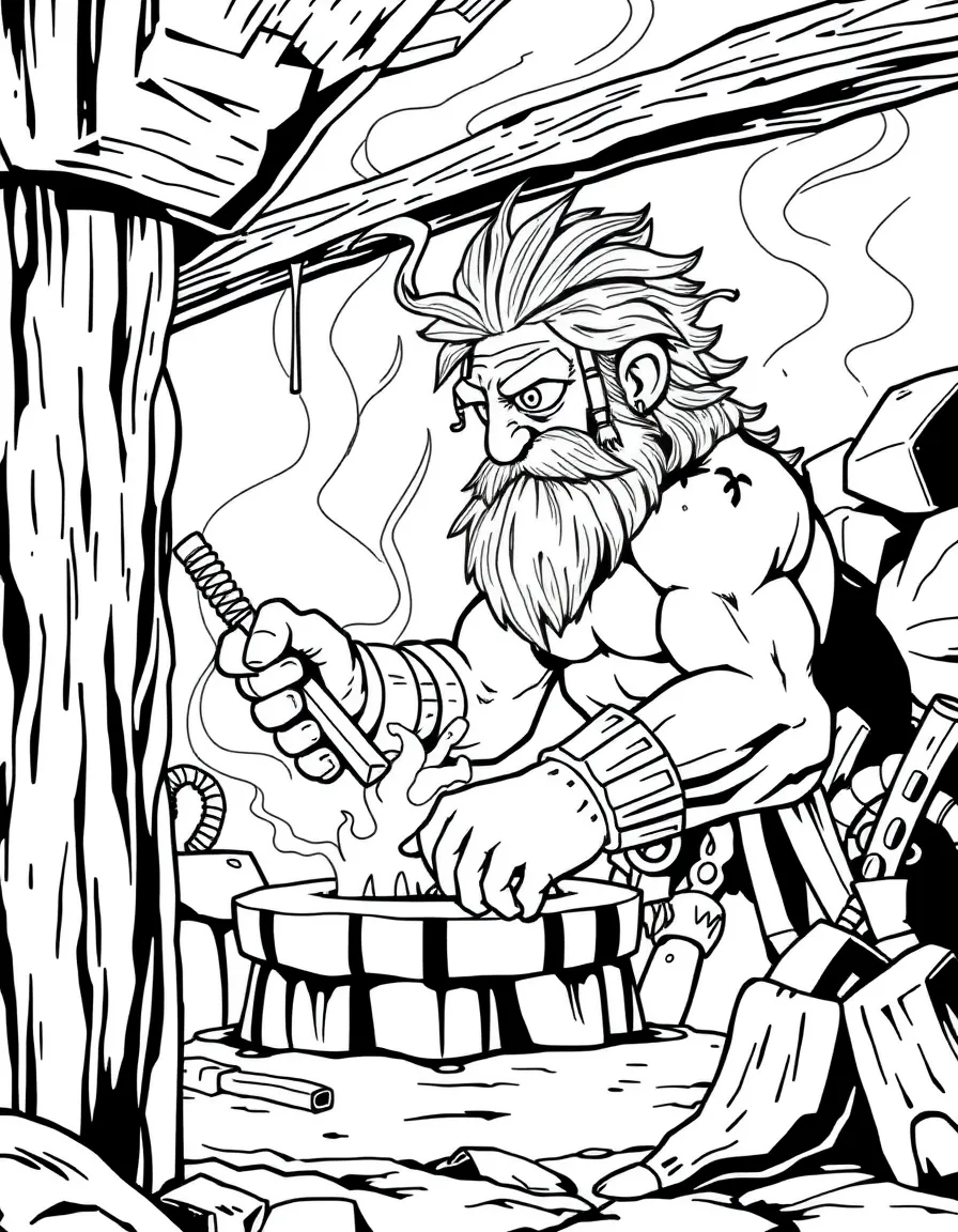 A cyclops working in his forge, with his single eye and massive hands crafting weapons for the gods
