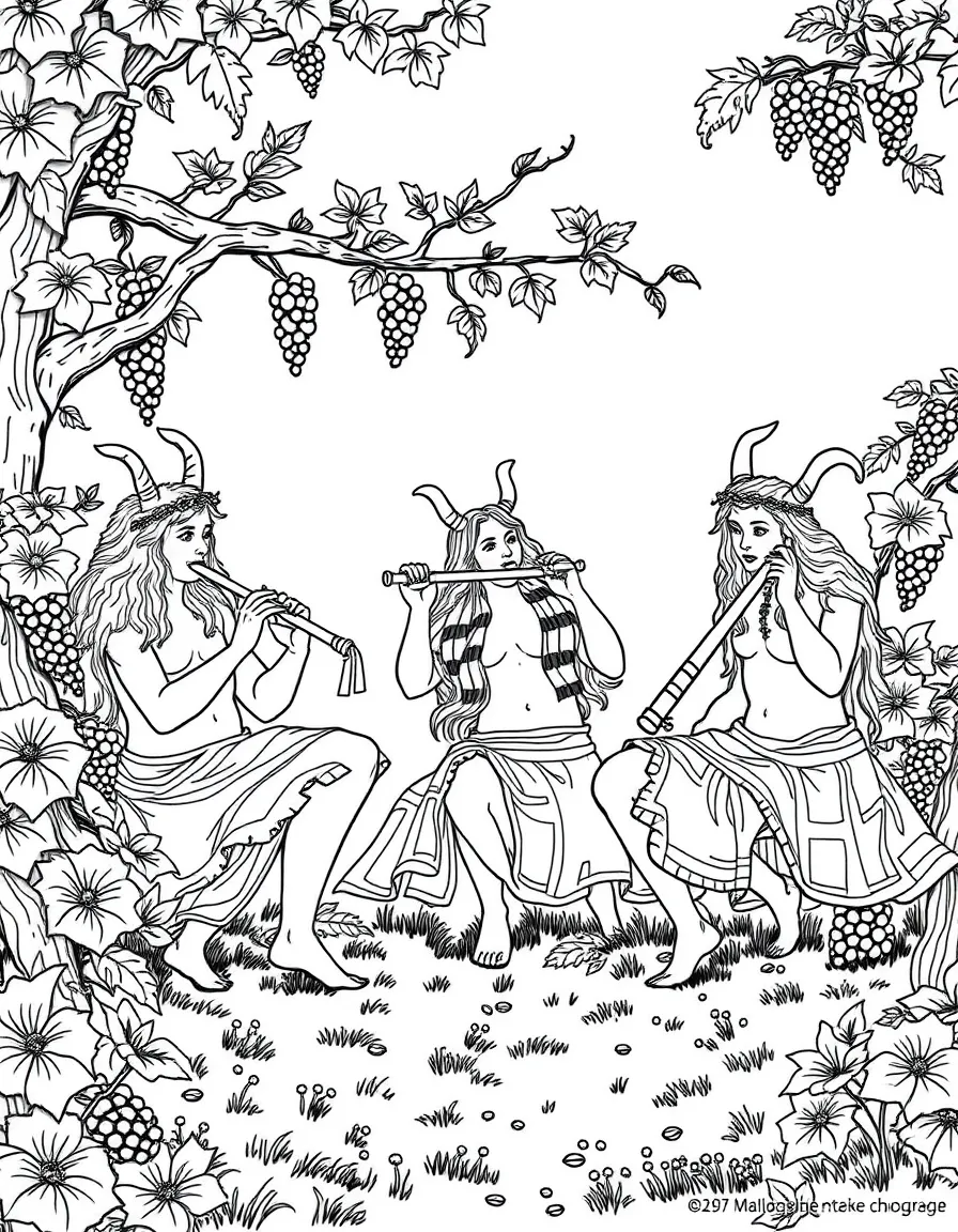 A group of satyrs playing music and dancing in a meadow, with Pan flutes and grape vines everywhere