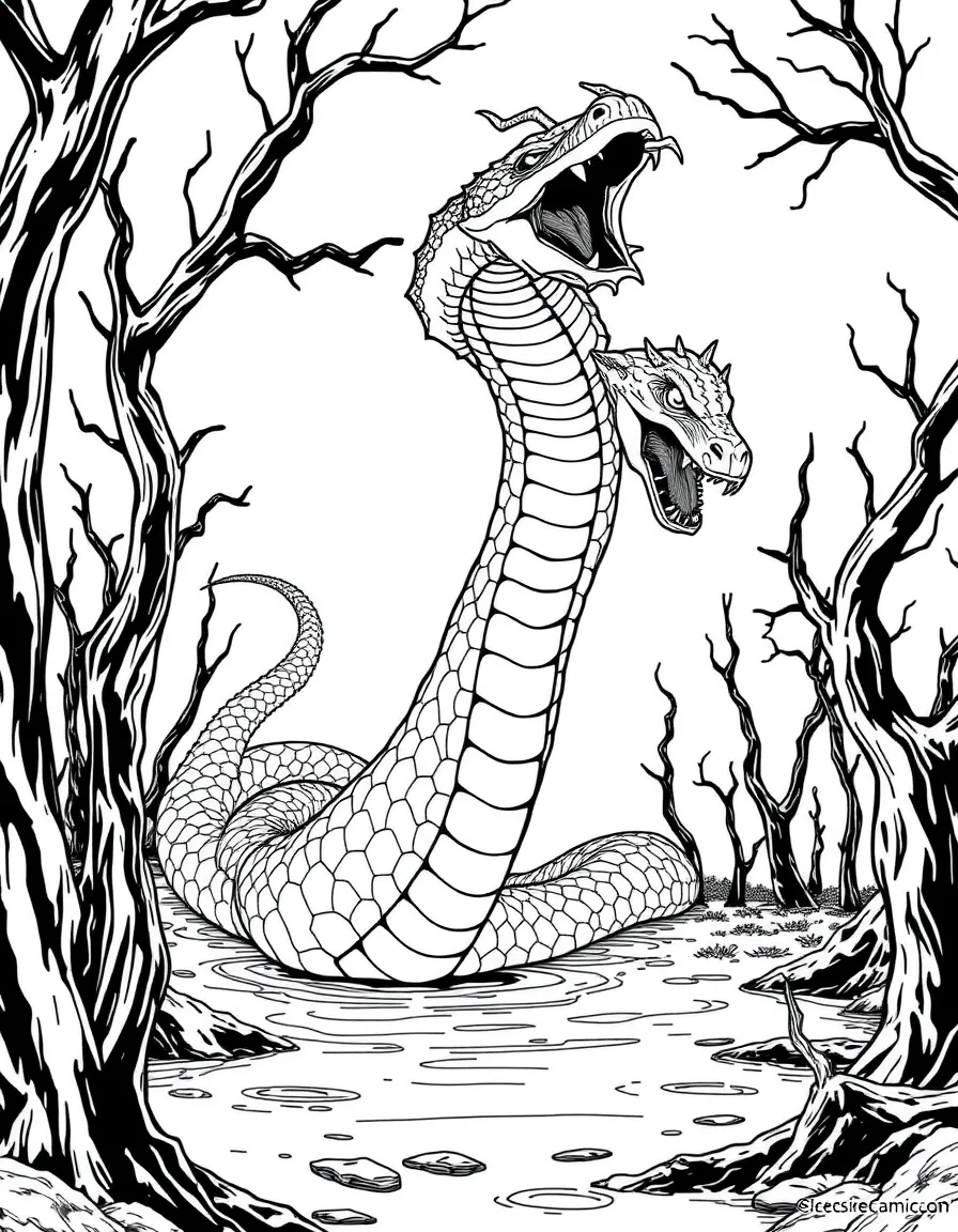 A hydra with multiple heads in a swamp, showing the serpentine necks and poisonous breath among dead trees