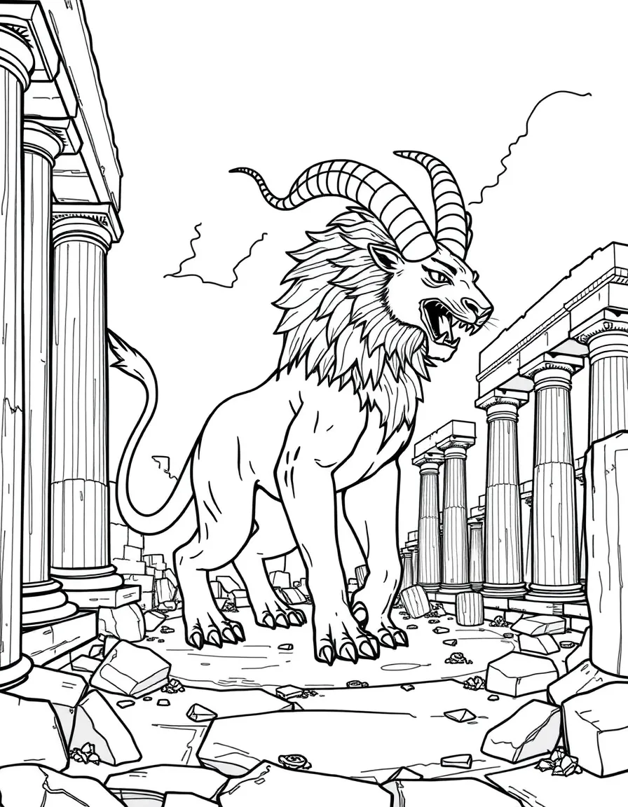 A chimera with lion, goat, and serpent parts prowling through ancient ruins with Greek columns scattered