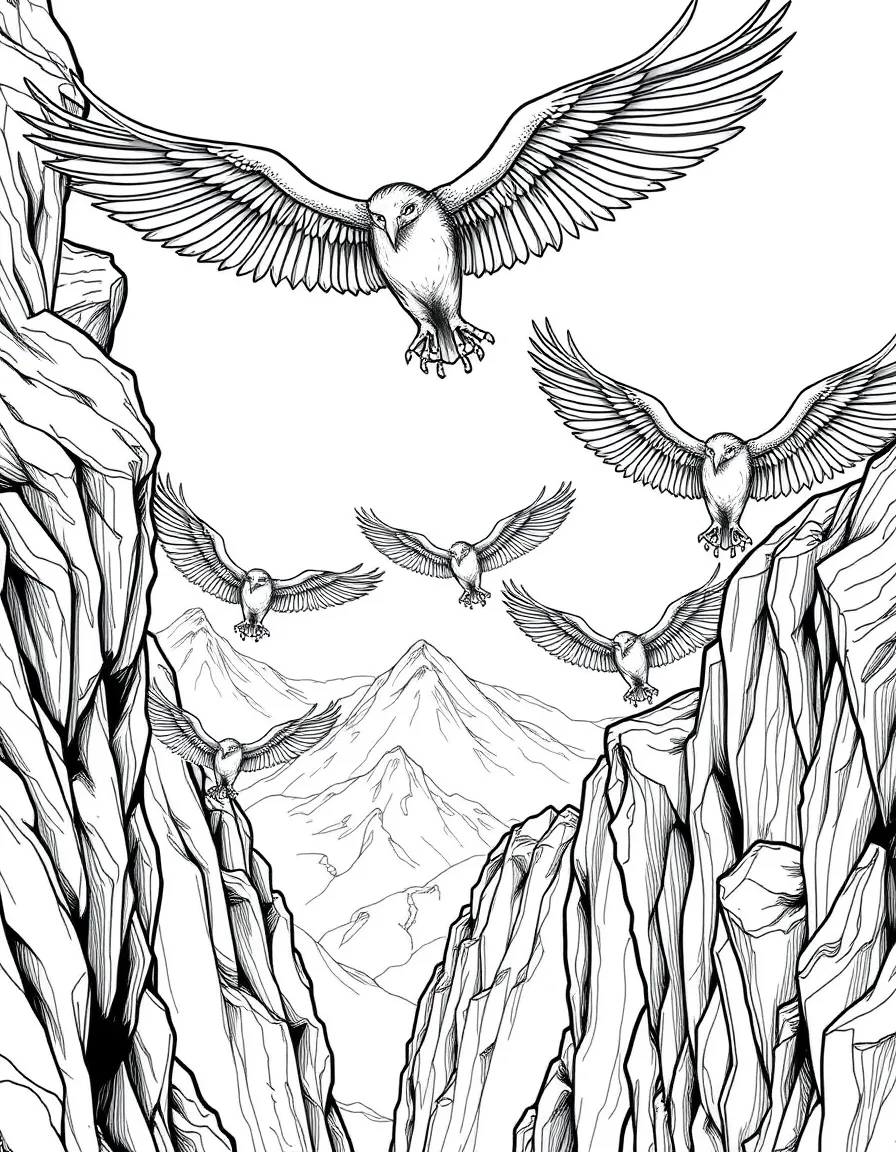 A group of harpies flying over mountain cliffs, with their bird wings and human faces shown in detail