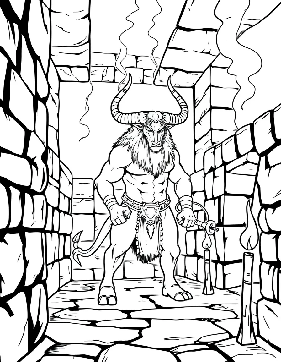 A minotaur standing guard in an ancient labyrinth, with stone walls creating a maze and torches for light