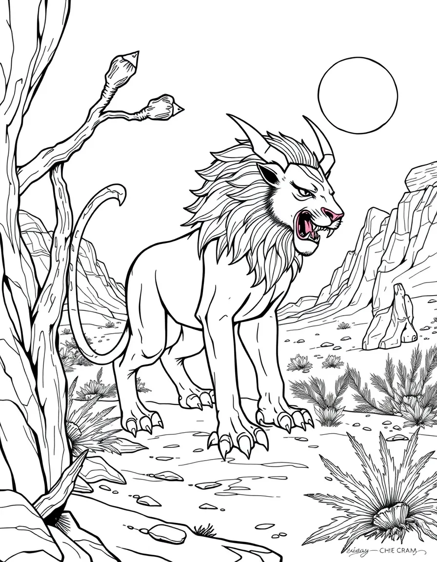A manticore with human head, lion body, and scorpion tail stalking through Persian desert landscapes