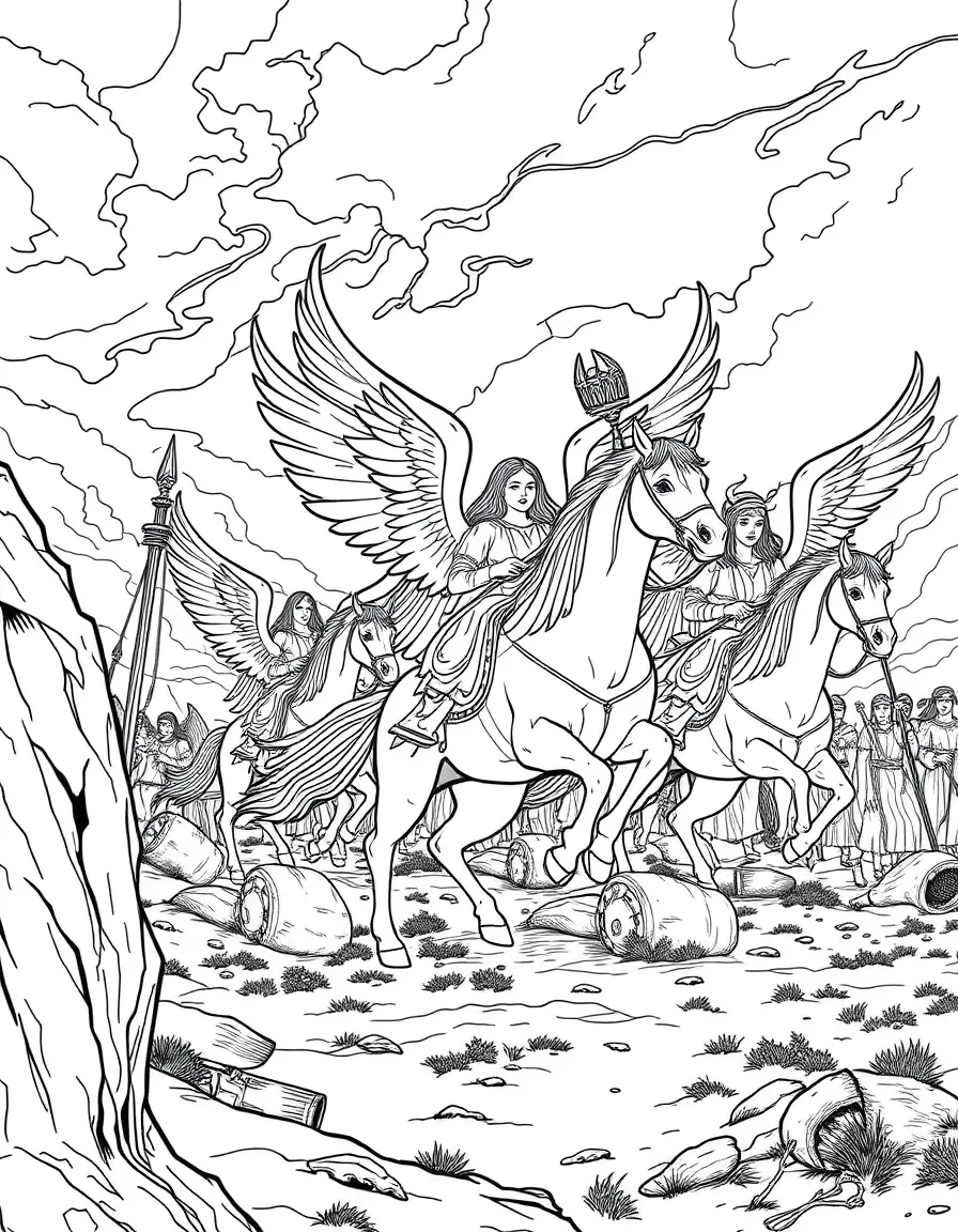 A group of valkyries riding winged horses across a battlefield, carrying fallen warriors to Valhalla