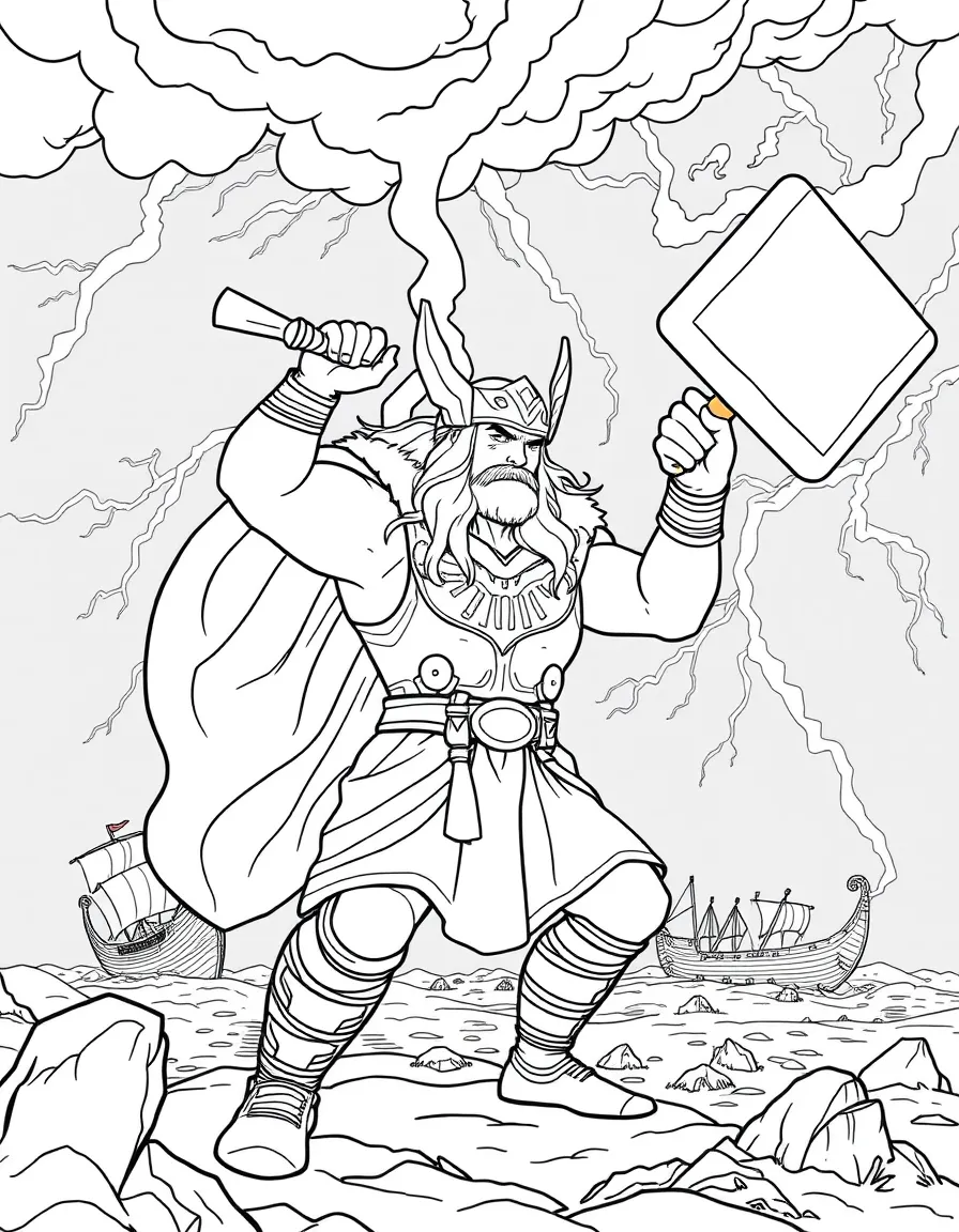 A Norse god Thor wielding his hammer Mjolnir during a thunderstorm, with lightning and Viking longships