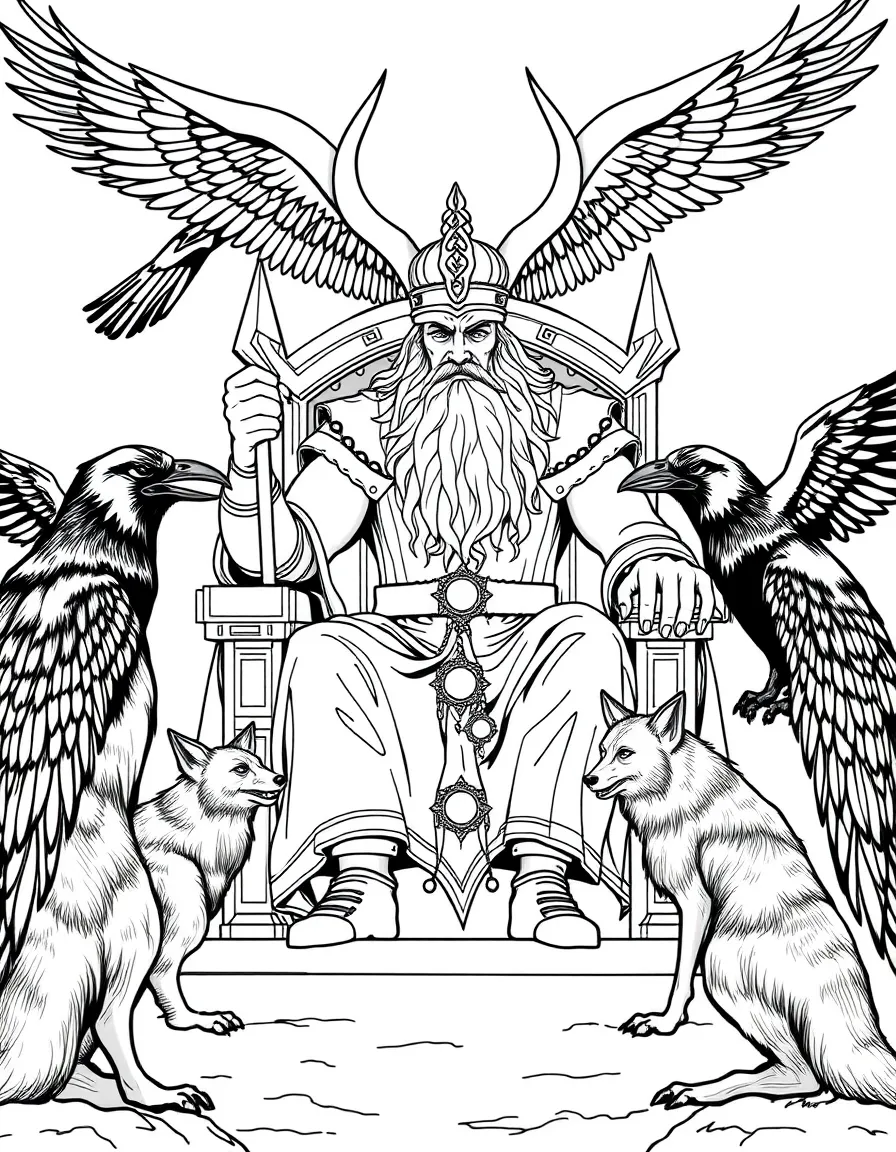 Odin the All-Father sitting on his throne with his ravens Huginn and Muninn and wolves at his feet
