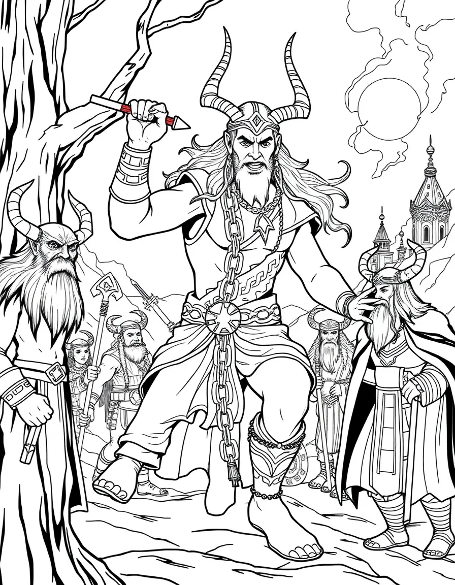 Loki the trickster god shape-shifting between different forms, with Norse runes and Asgard in background