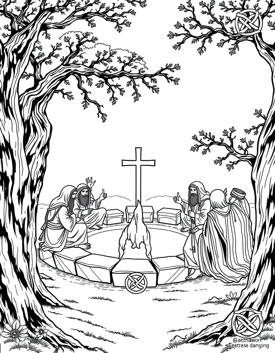 A group of Celtic druids performing rituals in a stone circle, with oak trees and Celtic knots decorating