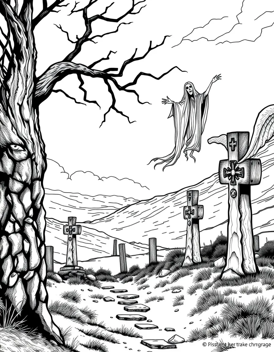 A banshee wailing on Irish moors, with ancient Celtic crosses and misty landscapes creating eerie mood