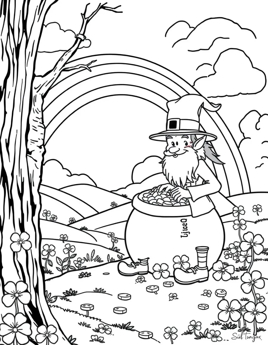 A leprechaun guarding his pot of gold at the end of a rainbow, with shamrocks and Irish countryside