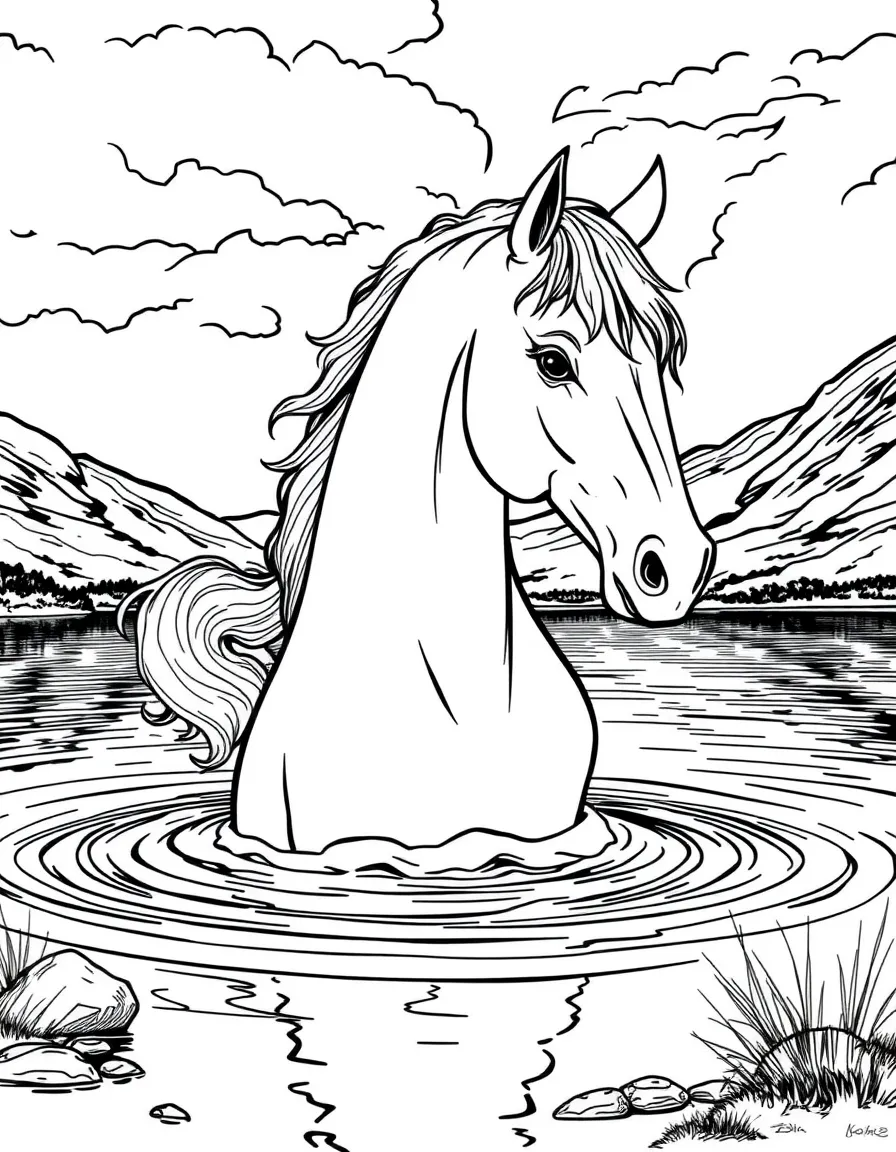 A kelpie water horse emerging from a Scottish loch, with its mane dripping and Highland scenery around