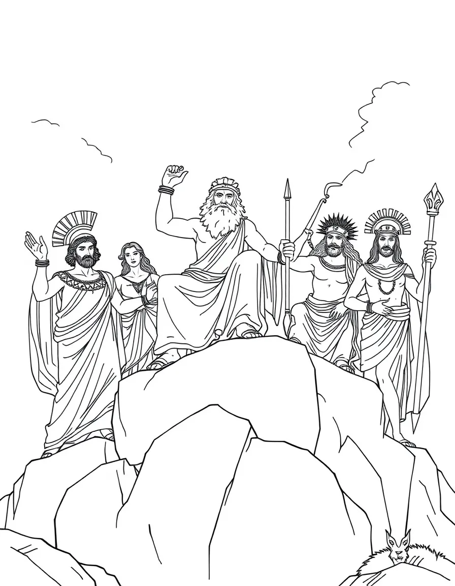 A group of Greek gods on Mount Olympus, with Zeus, Hera, Poseidon, and others in their divine forms