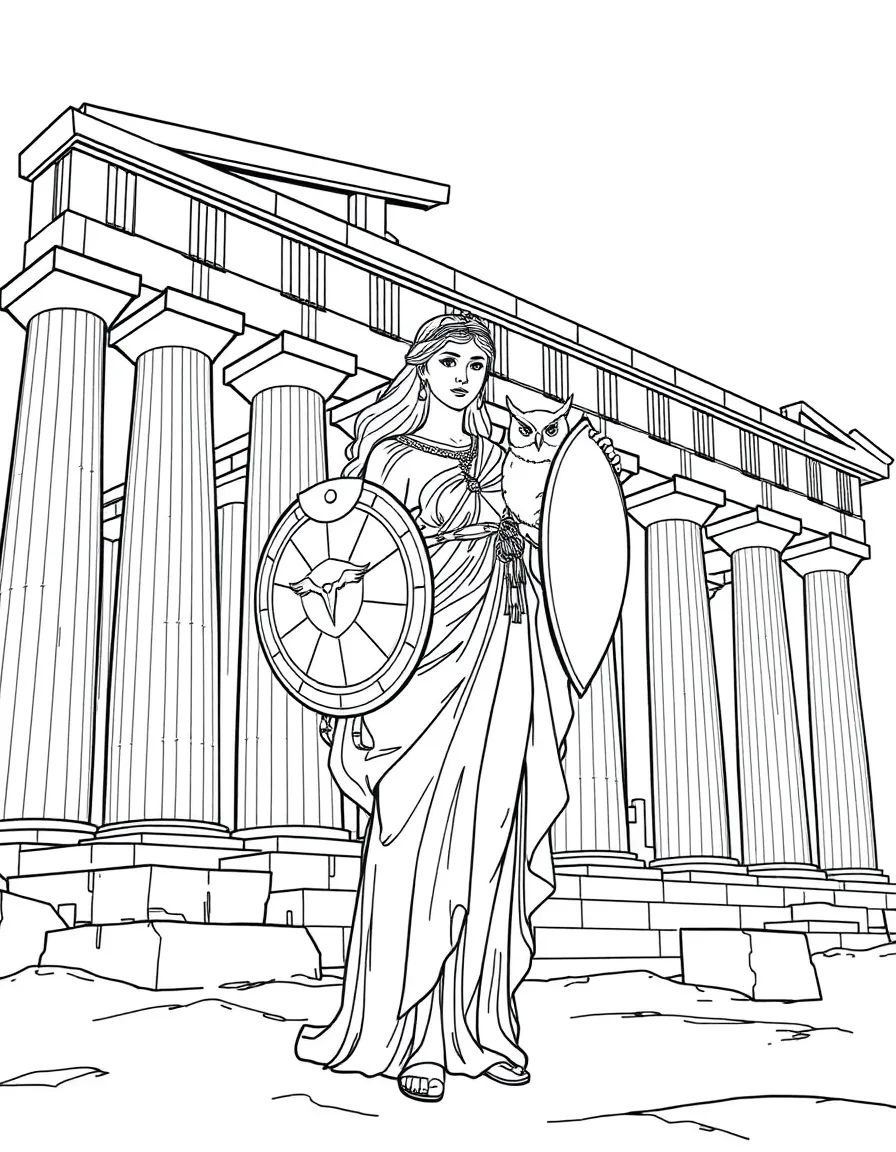 Athena the goddess of wisdom with her owl and shield, standing in front of the Parthenon temple