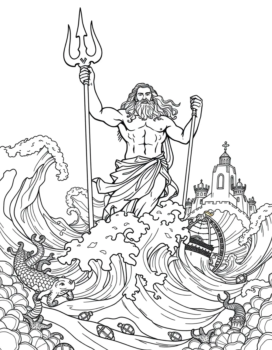 Poseidon rising from ocean waves with his trident, surrounded by sea creatures and underwater palaces