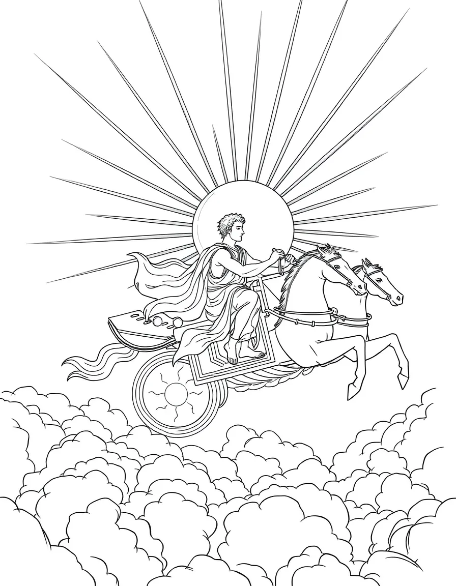 Apollo driving his sun chariot across the sky, with golden horses and rays of sunlight streaming behind