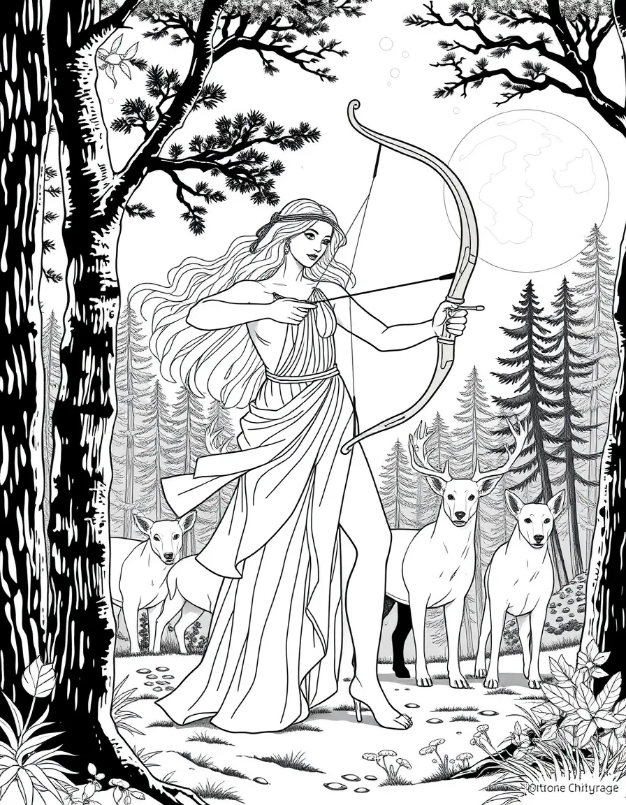 Artemis the huntress with her silver bow in a moonlit forest, accompanied by deer and hunting hounds