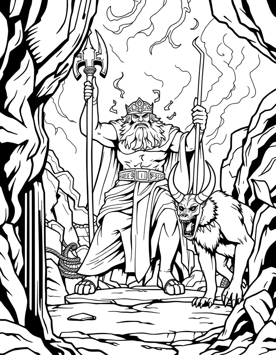 Hades ruling the underworld with Cerberus the three-headed dog guarding the gates of the dead